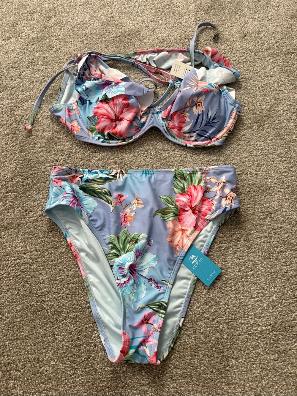 Cupshe Light Blue Tropical Floral Bikini Set